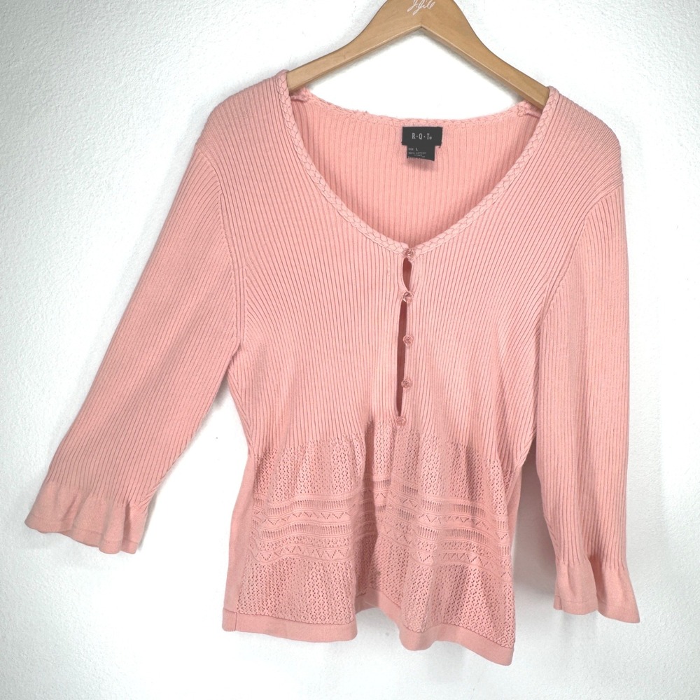Vintage Pointelle Peplum Cardigan Rose Buttons 3/4 Ruffle Sleeve Large Coquette